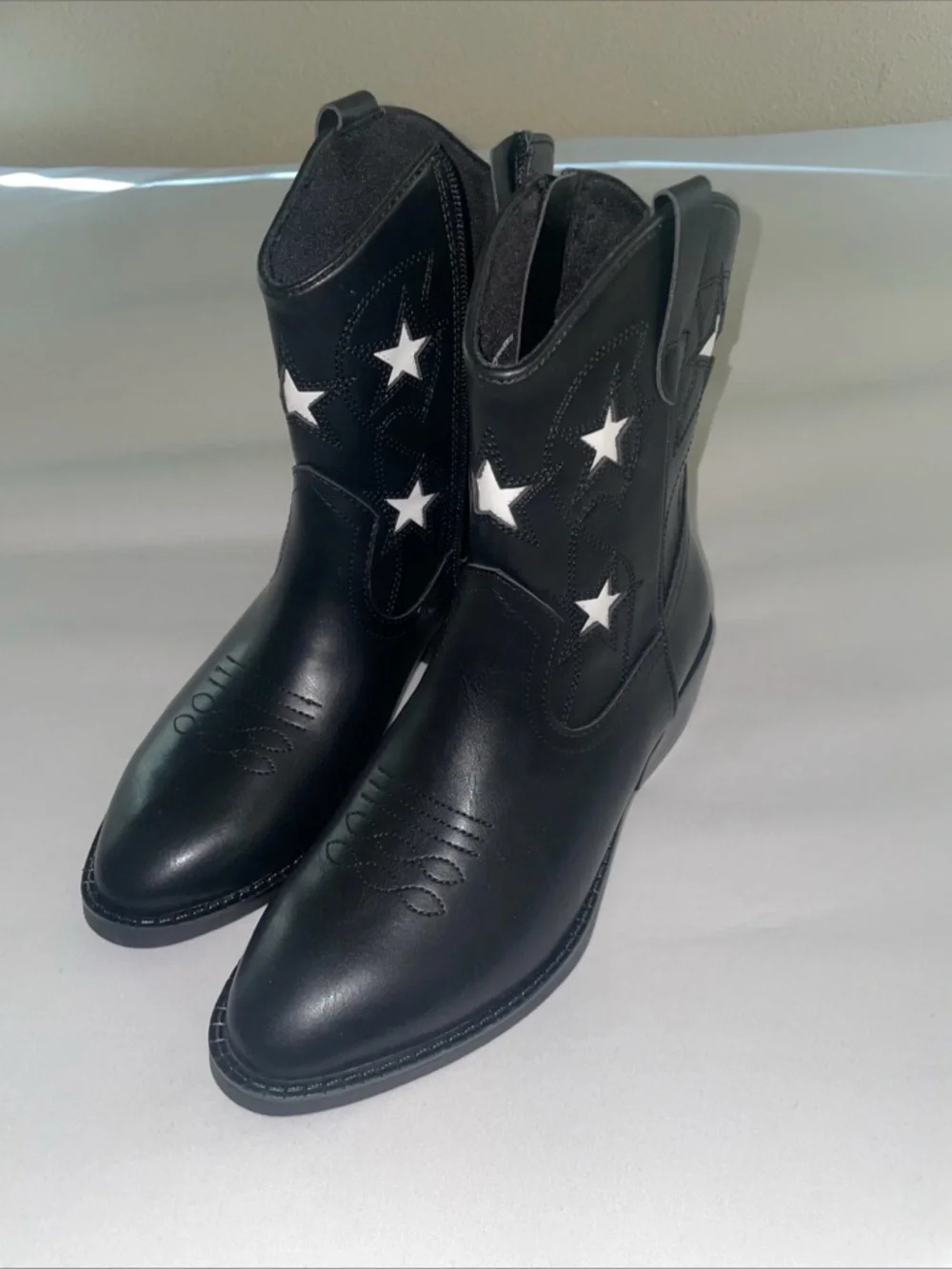 Girls‎ Western Boots Size 4 Black White Star Faux Leather Cowboy